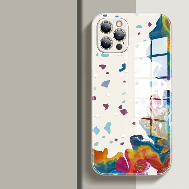 Watercolor Colormix iPhone Case with Tempered Glass Back-Fonally-For iPhone 13 Pro Max-Ink White-