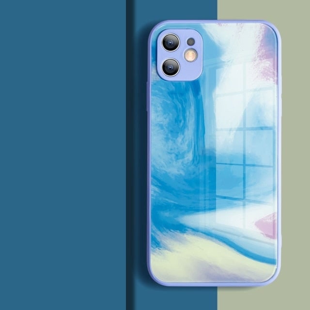 Watercolor Colormix iPhone Case with Tempered Glass Back-Fonally-For iPhone 13 Pro Max-Light Blue-