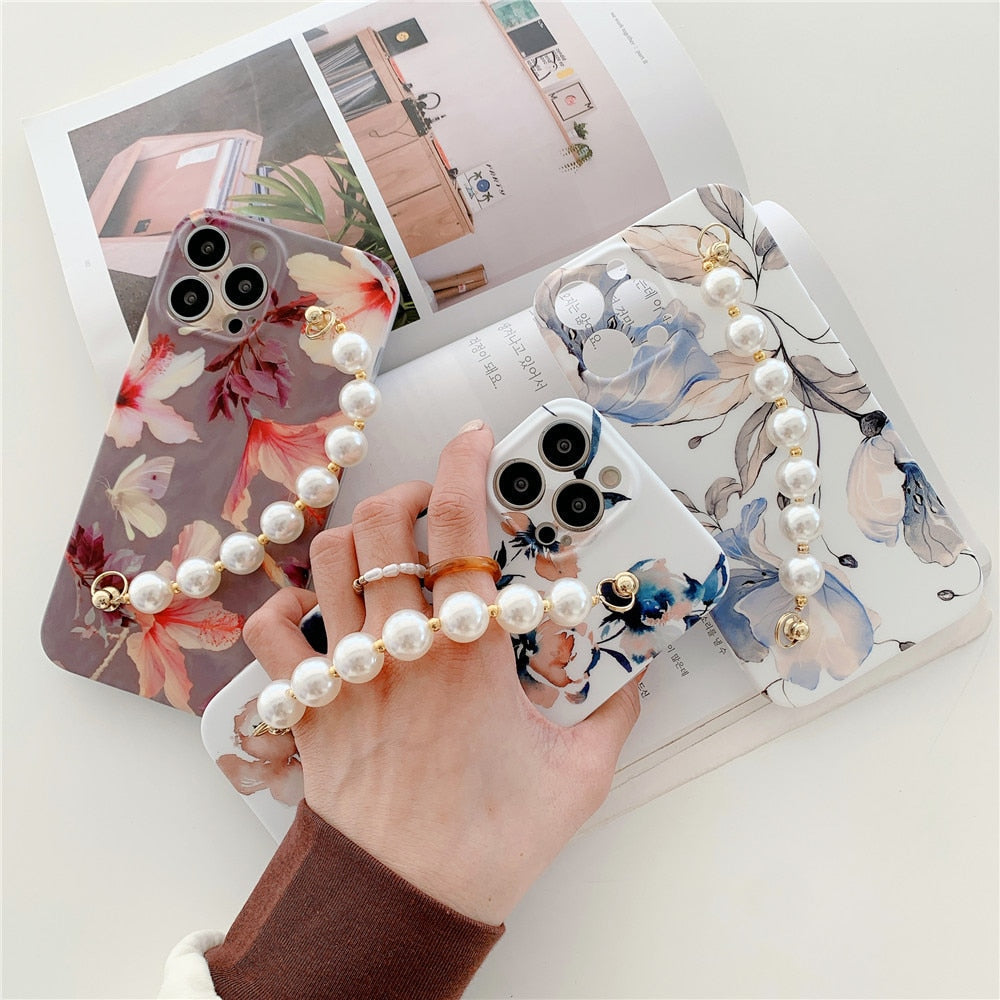 Floral iPhone Case with Pearl Chain-Fonally-