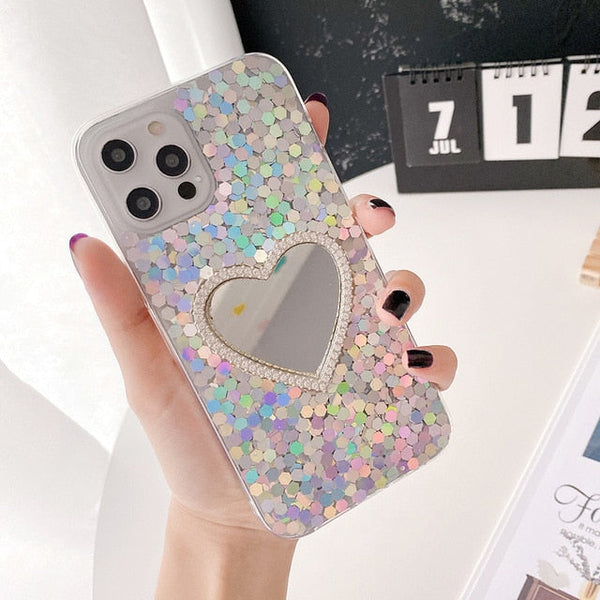 Sequin Heart Mirror iPhone Case-Fonally-For iPhone 12 Pro Max-Fonally-iPhone-Case-Cute-Royal-Protective